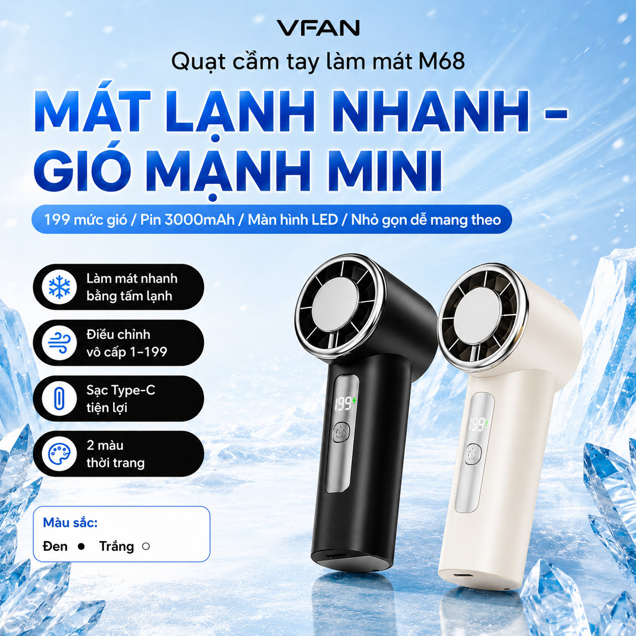 Quạt tích điện mini VFAN M68 chính hãng VFAN