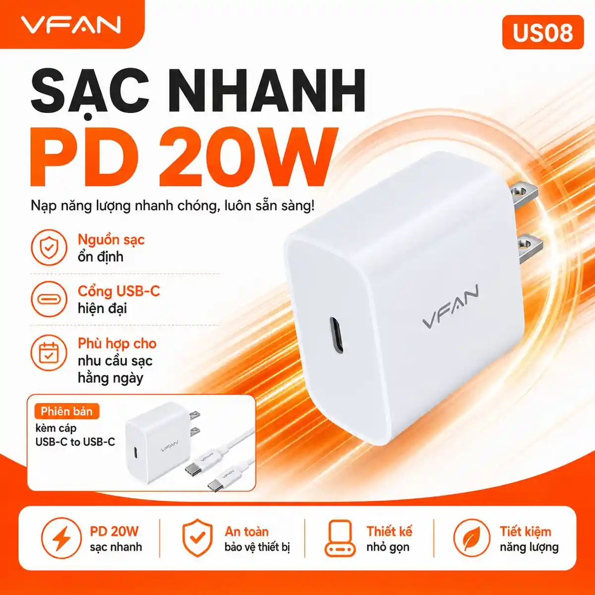Củ sạc nhanh VFAN US08 - ảnh sản phẩm 2